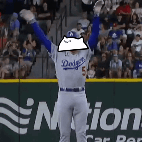Baseball Player with Dodgers Jersey and Cat on Head