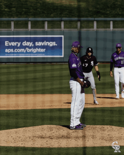 Baseball Players On A Field With A Sign That Says " Every Day Savings Aps.com/brighter " GIF