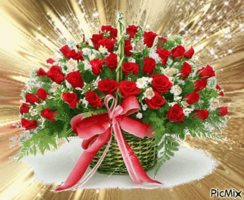 Basket of Red Roses and White Flowers With Red Bow
