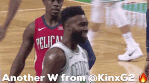 Basketball Player In Pelicans Jersey Next To Celtics Player GIF
