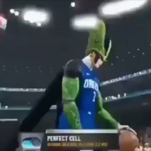 Basketball Player in Perfect Cell Costume Dunking