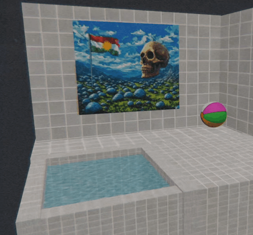 Bathroom With Skull Painting and Beach Ball
