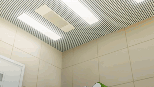 Bathroom With Striped Ceiling and White Door