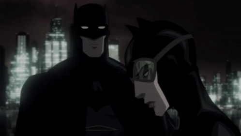 Batman And Catwoman Are Standing Next To Each Other In Front Of A City Skyline GIF