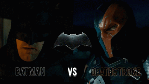 Batman And Deathstroke Standing Next To Each Other With The Words Batman Vs Deathstroke Below Them GIF