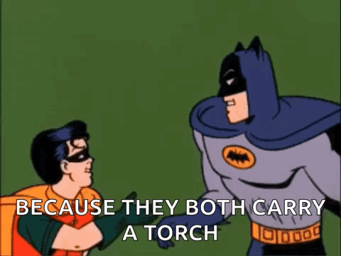 batman and robin are standing next to each other and batman says " because they both carry a torch "