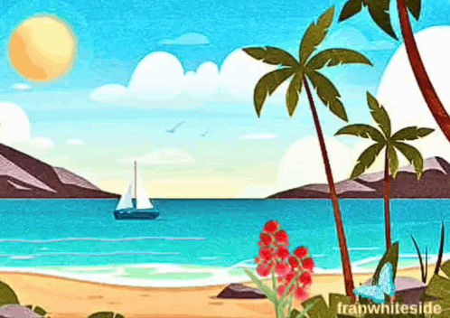 Beach With Palm Trees And Sailboat In Distance GIF