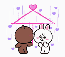 Bear And Cony Raining Purple Hearts Cute Kiss Umbrella GIF