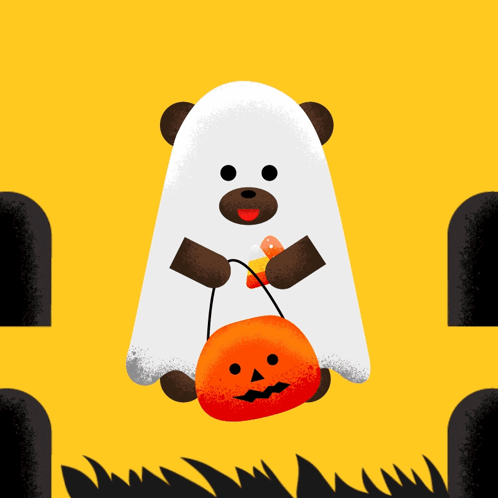 Bear in Ghost Costume Holding Pumpkin and Candy Corn