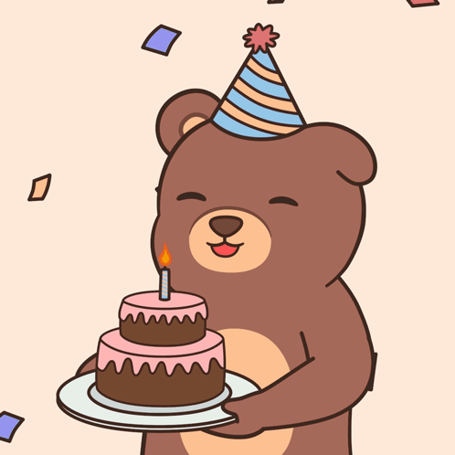 Bear in Party Hat Holding Cake