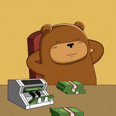 Bear Sitting at Table with Money Stacks