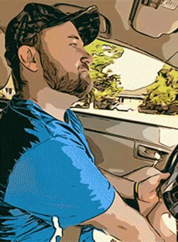 Bearded Man Driving Car Looking Out Window GIF
