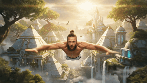 Bearded Man Flying in Front of Castle