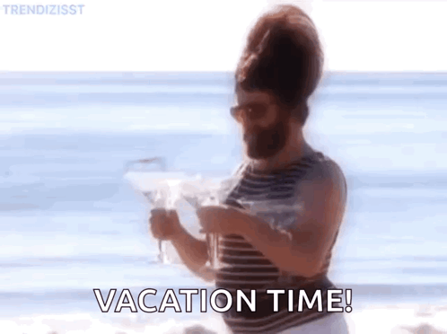 Bearded Man Holding Drink Beach Vacation Time