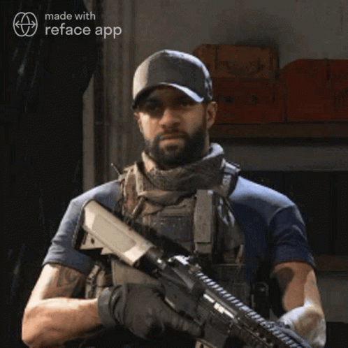 Bearded Man Holding Gun Wearing Reface Hat
