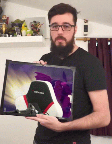Bearded Man Holding Picture of Chair Saying Emoluxia