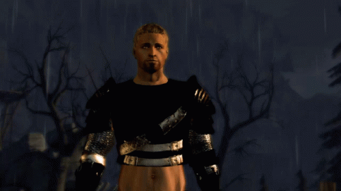 Bearded Man in Armor Standing in Rain