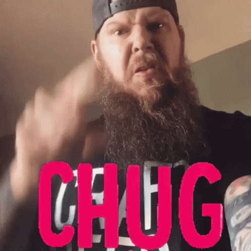 Bearded Man in Black Shirt Saying Chug