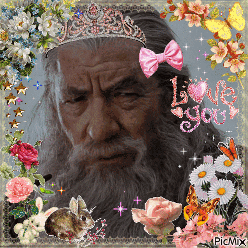Bearded Man In Crown And Flowers Saying Love You GIF