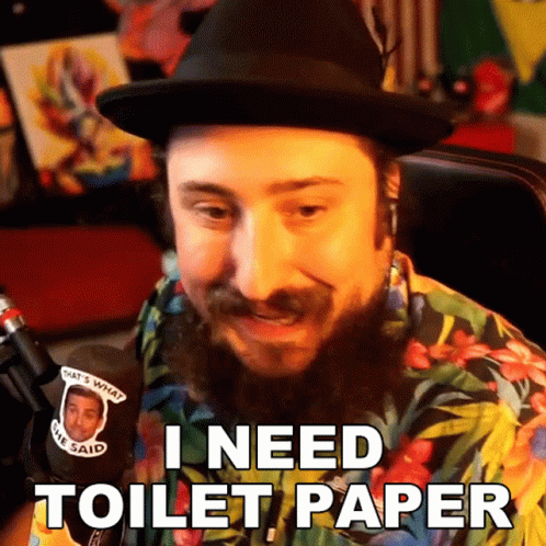 Bearded Man in Hawaiian Shirt Saying I Need Toilet Paper