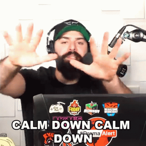 Bearded Man in Headphones Says Calm Down Calm Down at Laptop