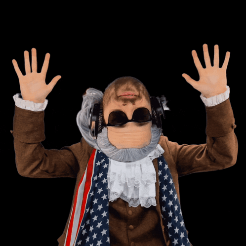 Bearded Man in Sunglasses and American Flag Scarf and Headphones