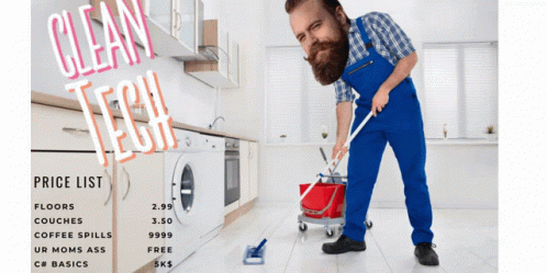 Bearded Man Mopping Kitchen Floor Clean Tech