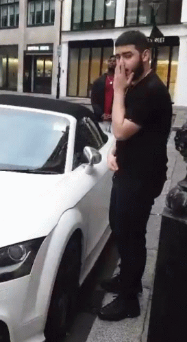 Bearded Man Next To White Sports Car GIF