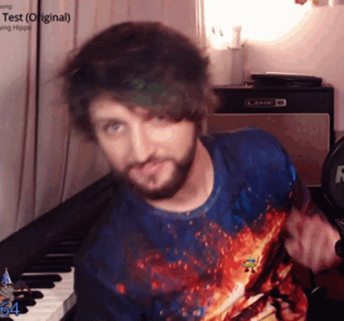 Bearded Man Playing Guitar With Keyboard Saying 64 GIF