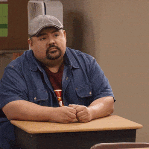 Bearded Man Sitting at Desk in Hat