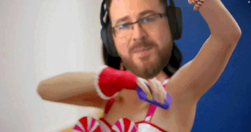 Bearded Man Wearing Candy Cane Dress and Headphones
