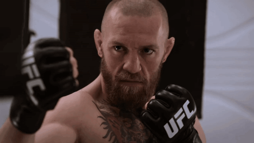 Bearded Man Wearing UFC Boxing Gloves