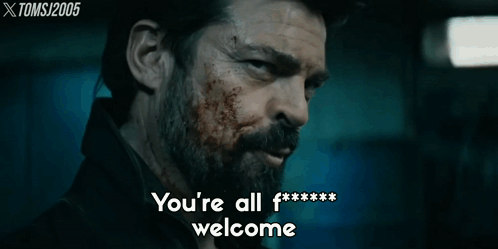 Bearded Man with Blood Saying You're Welcome