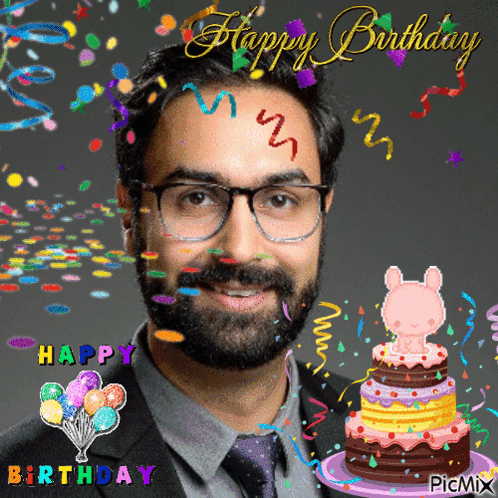 Bearded Man With Glasses Surrounded By Balloons And Confetti Happy Birthday GIF