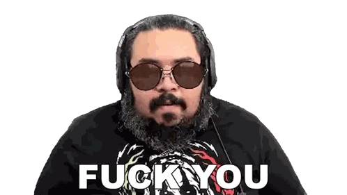 Bearded Man with Headphones and Sunglasses Saying Fuck You