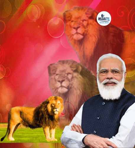 Bearded Man With Two Lions and Modi Sticker