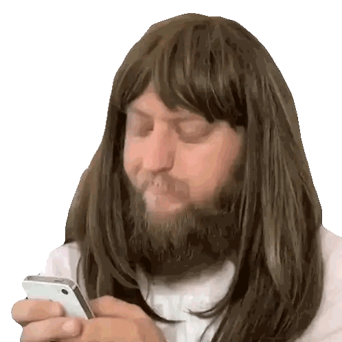 Bearded Man with Wig Looking at Phone