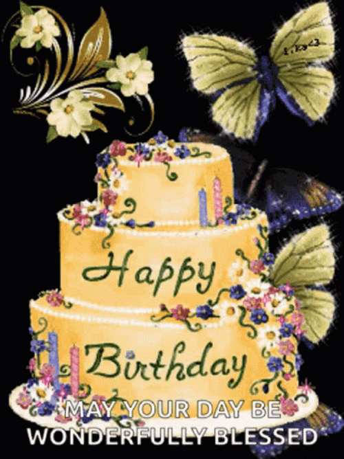 Beautiful Cake With Butterfly Happy Birthday GIF