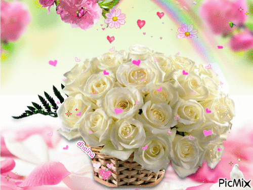 Beautiful Flowers White Roses Basket Hearts GIF