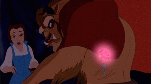 Belle And The Beast From Beauty And The Beast Are Looking At A Pink Heart GIF