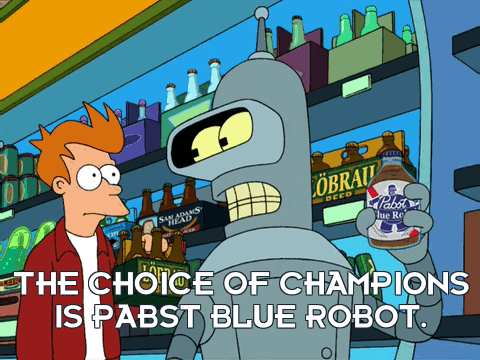bender from futurama holding a bottle of pabst blue robot beer