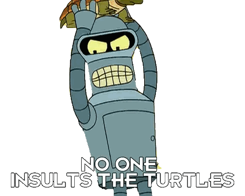 bender from futurama is holding a turtle with the words no one insults the turtles below him