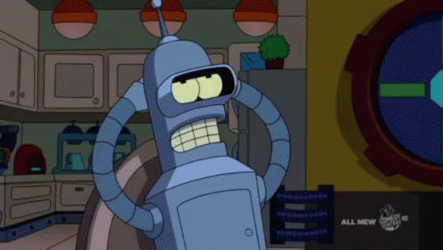 Bender From Futurama Is Shown In A Kitchen With A Sign That Says All New GIF
