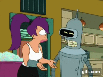 bender from futurama is talking to a woman in a kitchen .