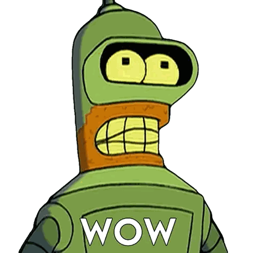 bender from futurama is wearing a green shirt that says wow