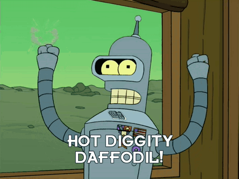 Bender From Futurama Says " Hot Diggity Daffodil " In Front Of A Window GIF