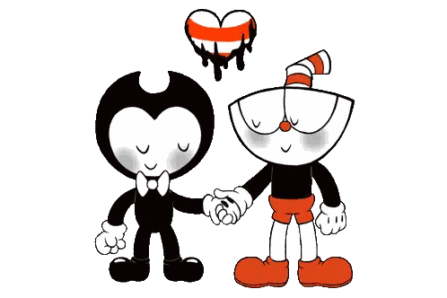 Bendy And Cuphead Holding Hands With Heart