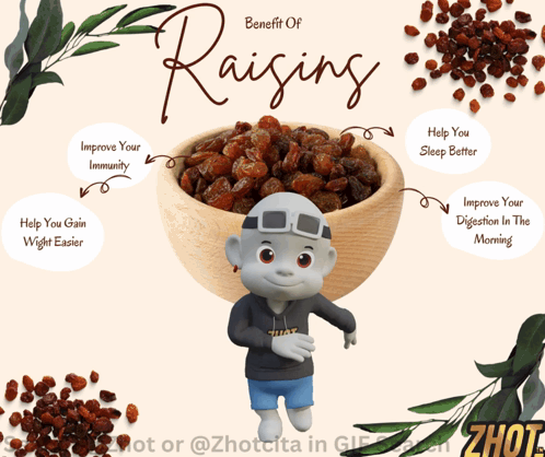 Benefit of Raisins Cartoon Character Next to Bowl
