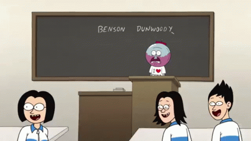 Benson And Dumwoody Sitting In Front Of Chalkboard GIF