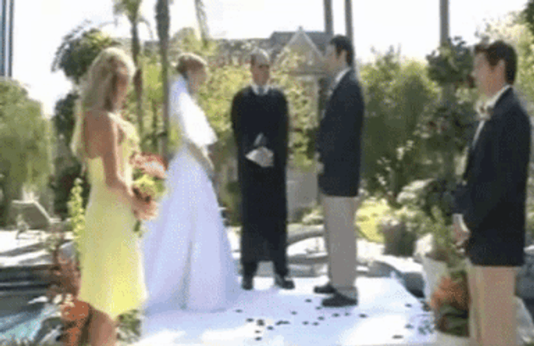 Bestman Slipping Pushing Bride In Pool Funny Wedding Fail GIF